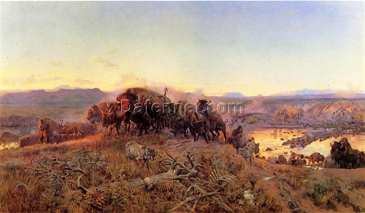 Custom Oil Reproduction of When the Land Belonged to God – Animal Painting by Charles M. Russell