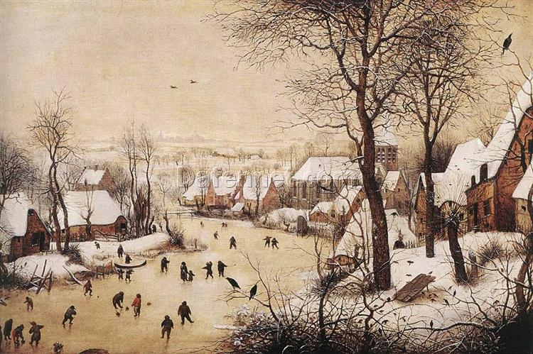 Custom Oil Painting of ‘Winter Landscape with Skaters and a Bird Trap’ by Pieter Bruegel the Elder – 16th Century Northern Renaissance