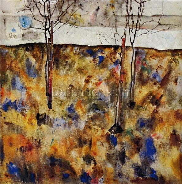 Egon Schiele Winter Trees Oil Painting – Expressionist Landscape Artwork on Canvas, 1912