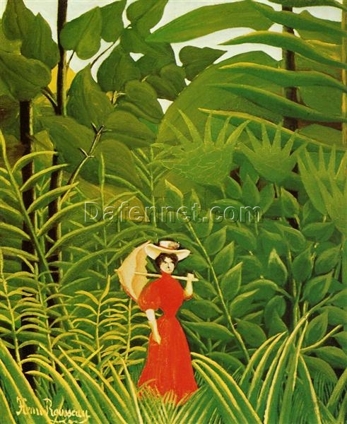 Henri Rousseau Woman in Red in the Forest – c.1907 Naïve Art Oil Painting | Handmade Canvas Art, Vibrant Nature & Figurative Scene