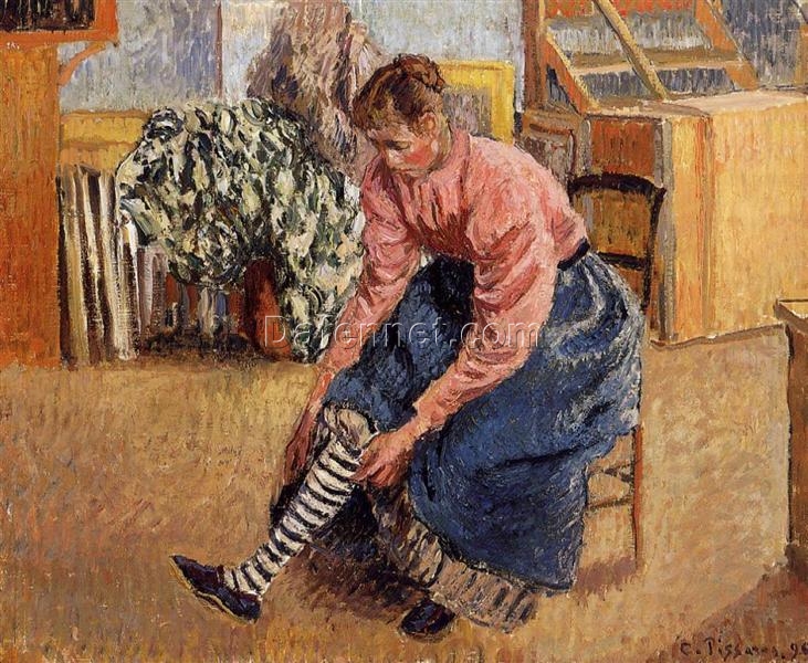 Woman Putting on Her Stockings” (1895) – Impressionist Oil Painting by Camille Pissarro