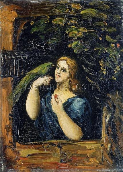 Woman with Parrot” – 1864 Oil Portrait by Paul Cézanne, Dark Romanticism Style, Private Collection