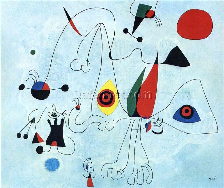 Inspired by Joan Miró’s Women and Birds at Sunrise (1946) – Surrealist Abstract Oil on Canvas (54 x 65 cm)