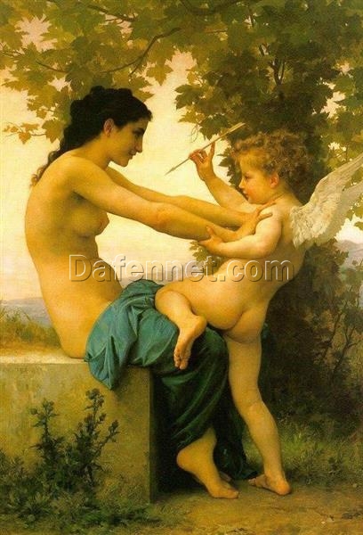 Mythological Oil Painting Reproduction of Young Girl Defending Herself Against Eros by William-Adolphe Bouguereau – Classic Academic Art