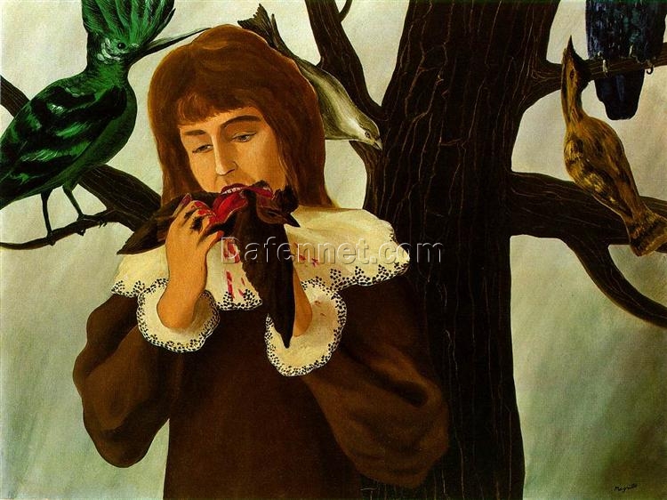 Surrealist Symbolic Oil Painting Inspired by René Magritte – ‘Young Girl Eating a Bird (The Pleasure)’, Hand-Painted Canvas Reproduction