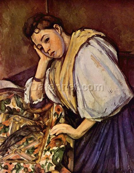 Young Italian Girl Resting on Her Elbow” – 1896 Post-Impressionist Oil Painting by Cézanne