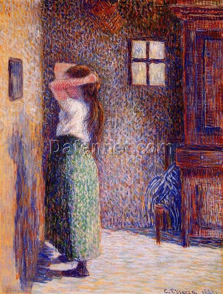 Young Peasant at Her Toilette” – Camille Pissarro 1888 Pointillist Portrait Painting