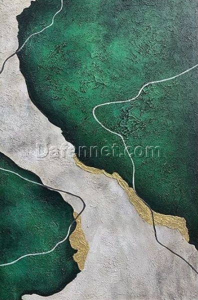 Heavy-Textured Hunter Green, Gray, and Gold Oil Painting – Original Modern Art for Luxury Home Decor