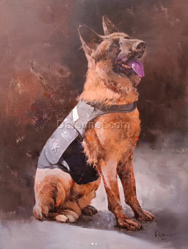 Hand-Painted Oil Painting of Police Dog – Original Artwork by Huang Wusun from Dafen Village