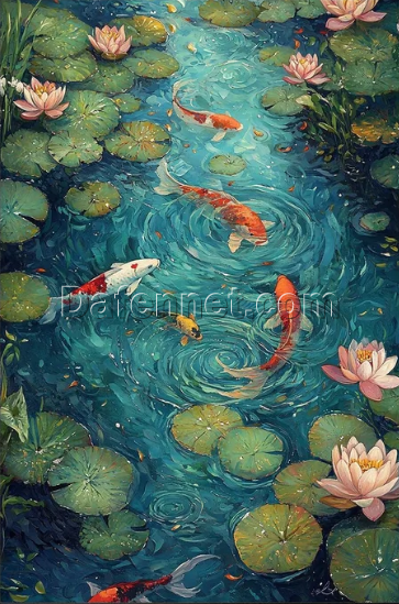 Original Koi Fish Oil Painting – Abstract Colorful Koi and Water Lily Wall Art for Modern Living Room