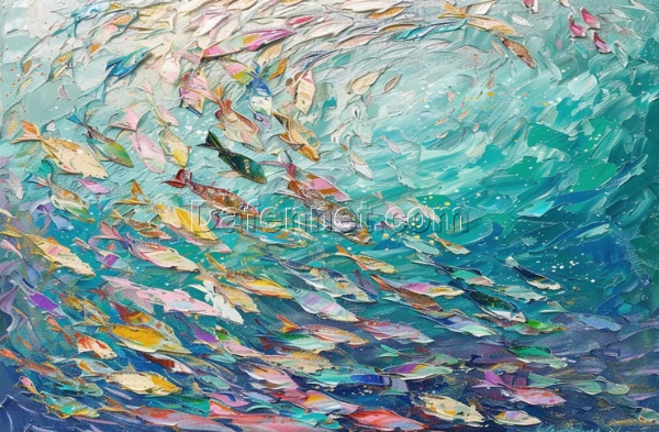 Large Original Fish School Oil Painting – 3D Textured Abstract Blue Sea Canvas Art for Bohemian Living Room Decor