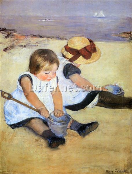 Hand-Painted Reproduction of Mary Cassatt’s ‘Children Playing on the Beach’ – 1884 Impressionist Oil Genre Painting