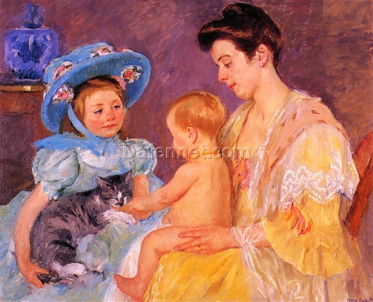 Hand-Painted Reproduction of ‘Children Playing with a Cat’ by Mary Cassatt – 1908 Oil on Canvas