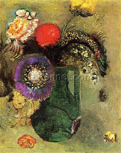 Flowers in Green Vase with Handles’ by Odilon Redon – Symbolist Flower Painting on Canvas