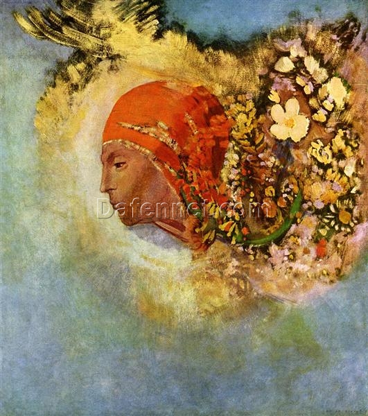 Head with Flowers’ – Symbolist Oil Painting by Odilon Redon (1907)