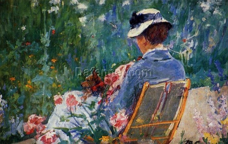 Hand-Painted Reproduction of Mary Cassatt’s ‘Lydia Seated in the Garden with a Dog’ – 1880 Impressionist Oil Portrait