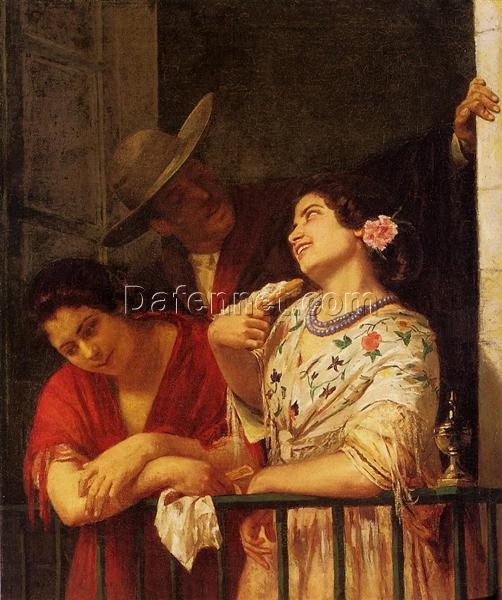 Hand-Painted Reproduction of ‘The Flirtation: A Balcony in Seville’ by Mary Cassatt – 1872 Oil on Canvas