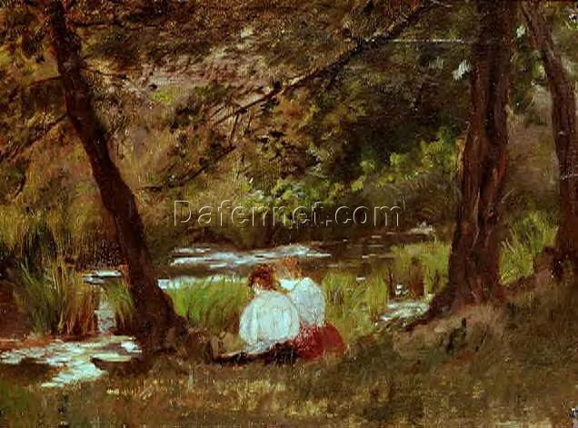 Mary Cassatt ‘Two Women Seated by a Woodland Stream’ – 1869 Impressionist Oil Painting Reproduction