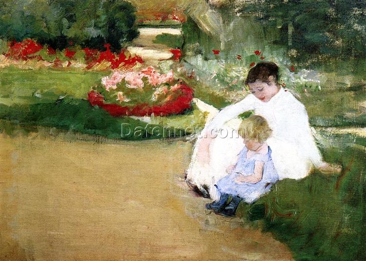 Hand-Painted Reproduction of ‘Woman and Child Seated in a Garden’ by Mary Cassatt – 1881 Impressionist Oil on Canvas