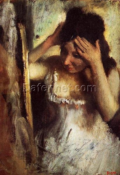 Woman Combing Her Hair in Front of a Mirror by Edgar Degas – c.1877 Impressionist Oil Portrait Reproduction