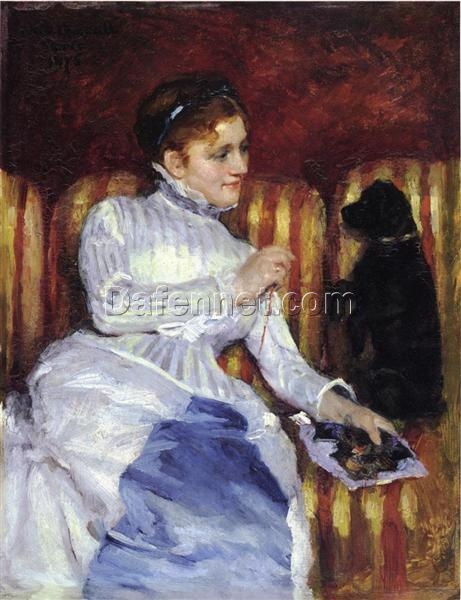 Mary Cassatt ‘Woman on a Striped Sofa with a Dog’ – 1875 Oil on Panel Painting Reproduction