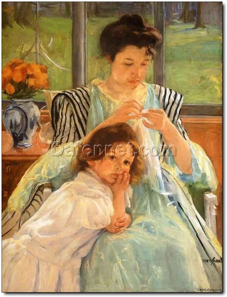 Hand-Painted Reproduction of Mary Cassatt’s ‘Young Mother Sewing’ – 1900 Impressionist Oil Genre Paintin