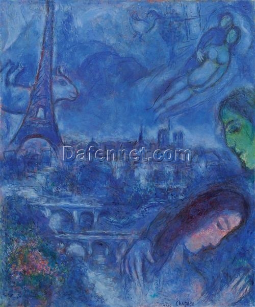 Marc Chagall Paris Landscape in Blue – 1967 Naïve Art Oil Painting, Figurative Artwork, Private Collection