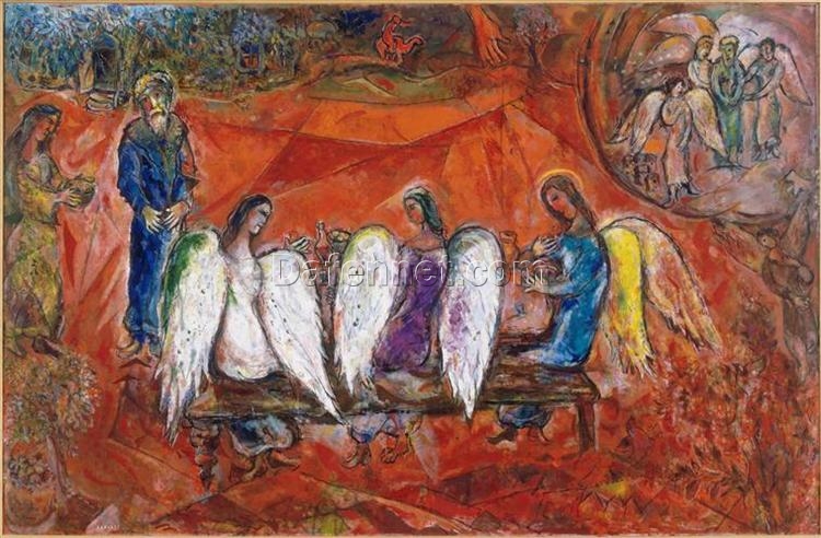 Marc Chagall Abraham and the Three Angels – 1966 Naïve Art Oil on Canvas, Religious Painting