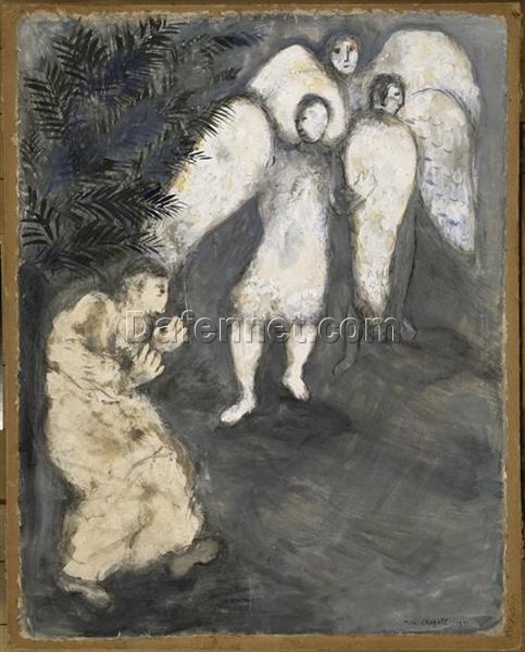 Marc Chagall Abraham Prostrated Himself in Front of Three Angels – Religious Artwork Reproduction, Gouache & Oil on Paper by Da Fen Oil Painting Village Studio