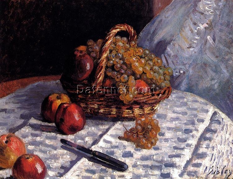 Apples and Grapes in a Basket by Alfred Sisley – 1876 Impressionist Still Life Oil Painting, Custom Art from Dafen Village Studio