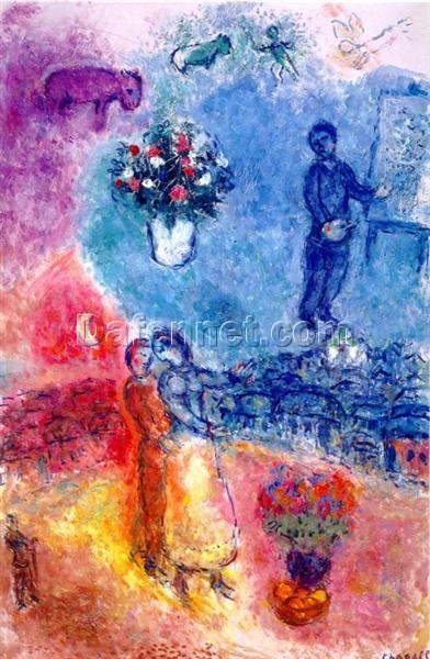 Hand-Painted Marc Chagall “Artist Over Vitebsk” Oil Painting – Surrealist Symbolic Art Reproduction by Da Fen Oil Painting Village Studio