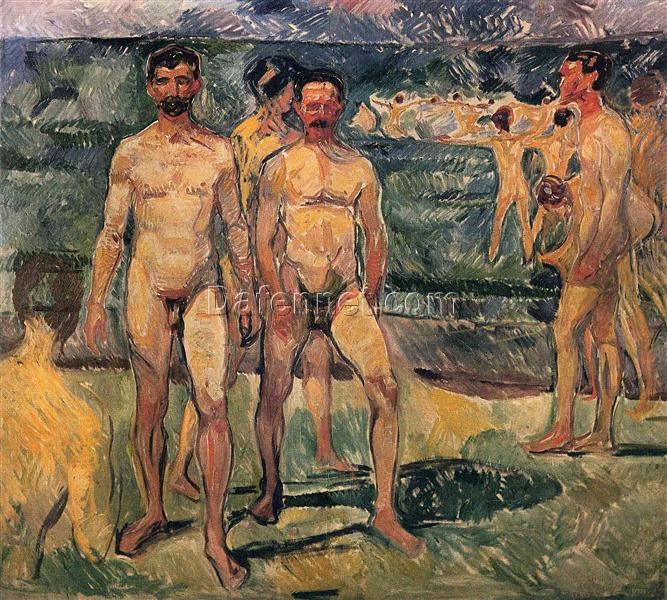 Custom Oil Painting Inspired by Edvard Munch’s Bathing Men – Hand-Painted Reproduction from DaFen Village Studio | Expressionist Artwork for Home and Office Décor