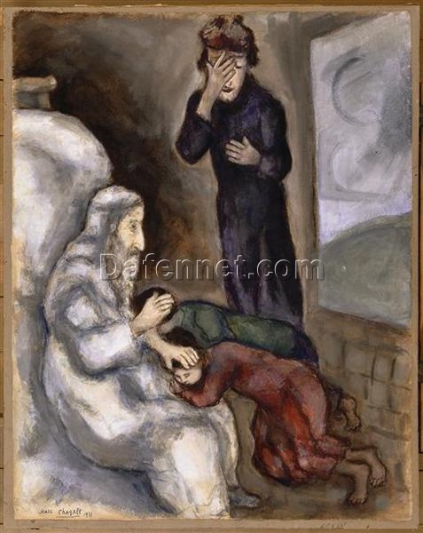 Marc Chagall Blessing of Ephraim and Manasseh – Religious Art Reproduction, Gouache & Oil on Paper by Da Fen Oil Painting Village Studio