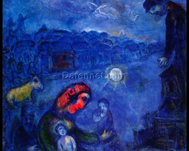 Marc Chagall Blue Village – 1975 Surrealism Oil on Canvas Symbolic Painting, Private Collection