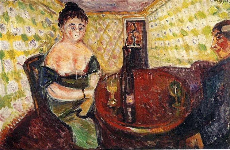 Custom Oil Painting Inspired by Edvard Munch’s Brothel Scene. Zum süßen Mädel – Hand-Painted Reproduction from DaFen Village Studio | Expressionist Art for Home and Office Décor