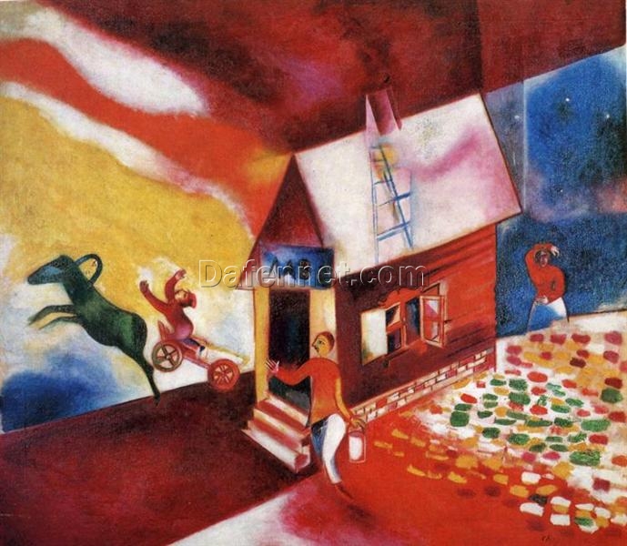 Hand-Painted Oil Painting Inspired by Marc Chagall’s ‘Burning House’ – High-Quality Reproduction by Da Fen Oil Painting Village Studio