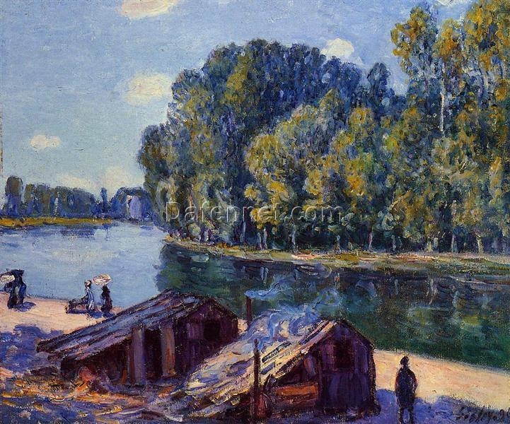 Cabins along the Loing Canal, Sunlight Effect by Alfred Sisley – 1896 Impressionist Landscape Oil Painting, Custom Art from Dafen Oil Painting Village Studio