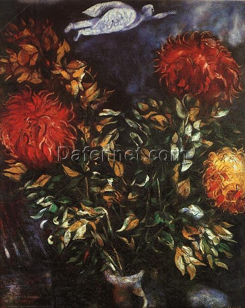 Marc Chagall Chrysanthemums – Surrealist Still Life Painting, Oil on Canvas, Perls Galleries, New York