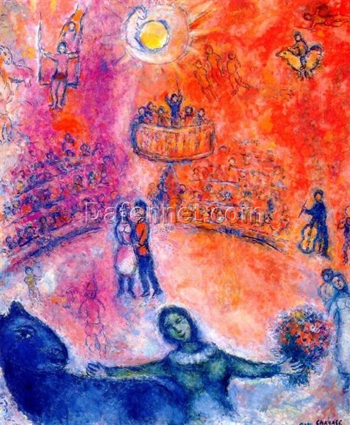 Marc Chagall Circus – 1980 Naïve Art (Primitivism) Oil Painting, Whimsical Genre Artwork, Circus Performance Scene