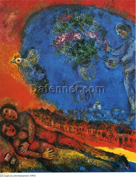 Hand-Painted Marc Chagall “Couple on a Red Background” Oil Painting – Surrealist Genre Art Reproduction by Da Fen Oil Painting Village Studio