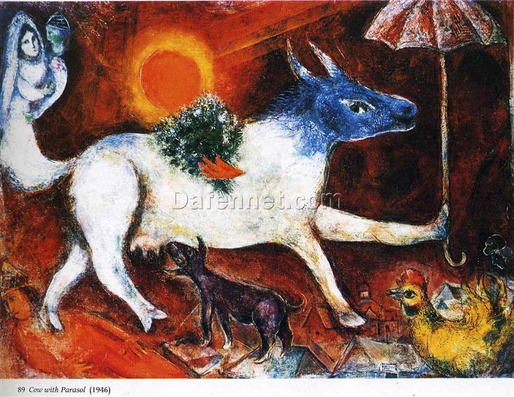 Marc Chagall Cow with Parasol – 1946 Surrealism Animal Painting, Oil on Canvas