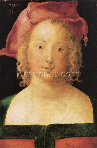 Hand-Painted Albrecht Dürer “Face of a Young Girl with Red Beret” Oil Painting – Northern Renaissance Portrait Reproduction by Da Fen Oil Painting Village Studio