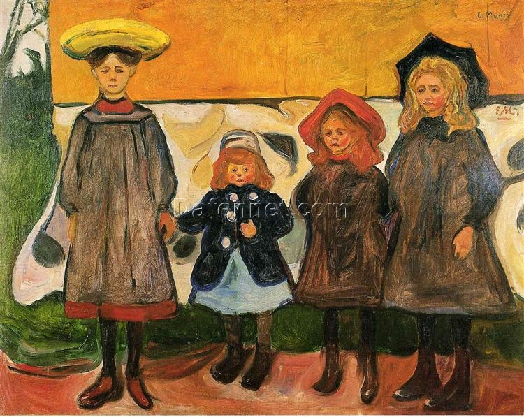 Expressionist Genre Painting Inspired by Edvard Munch – Four Girls in Åsgårdstrand, 1903 – Da Fen Village Studio Oil on Canvas for Art Collection & Home Décor