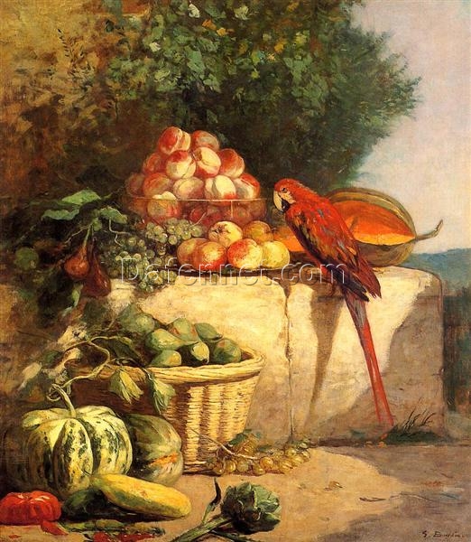 Fruit and Vegetables with a Parrot by Eugene Boudin – 1869 Realism Animal Oil Painting, Custom Art from Dafen Oil Painting Village Studio