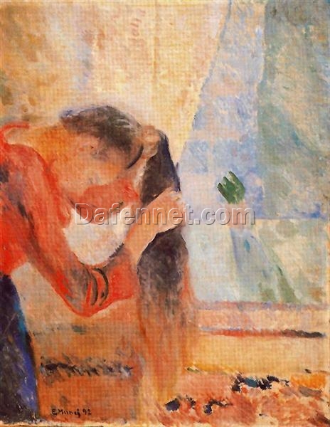 Hand-Painted Edvard Munch “Girl Combing Her Hair” Oil Painting – Expressionism Reproduction by Da Fen Oil Painting Village Studio