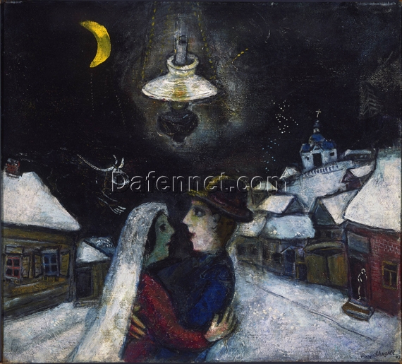 Marc Chagall In the Night – 1943 Naïve Art Oil on Canvas, Genre Painting, Private Collection