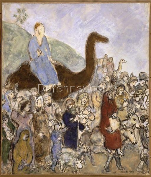 Marc Chagall Jacob Leaves His Country and His Family to Go to Egypt – Hand-Painted Religious Artwork, Reproduction in Gouache and Oil on Paper by Da Fen Oil Painting Village Studio