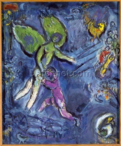 Marc Chagall Jacob Wrestling with the Angel – c.1963 Naïve Art Oil on Paper, Religious Painting