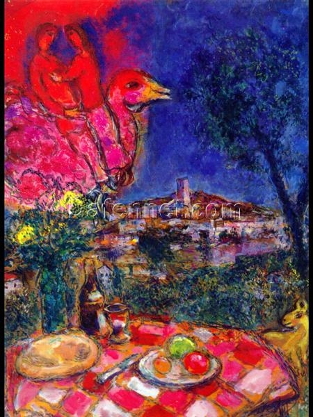 Marc Chagall Laid Table with View of Saint-Paul-de-Vence – 1968 Naïve Art Oil Painting, Saint-Paul-de-Vence