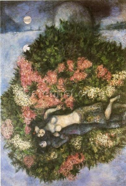 Marc Chagall Lovers in the Lilacs – Surrealist Genre Painting, Oil on Canvas by Da Fen Oil Painting Village Studio